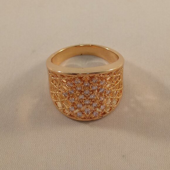 18K Yellow Gold Filled Wide Band Web White Diamond Zircon Ring Gorgeous Gift - Picture 2 of 12